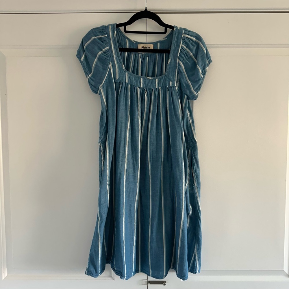 Pietsie Blue and White Striped Tunic Dress - Organic Cotton - Size Small